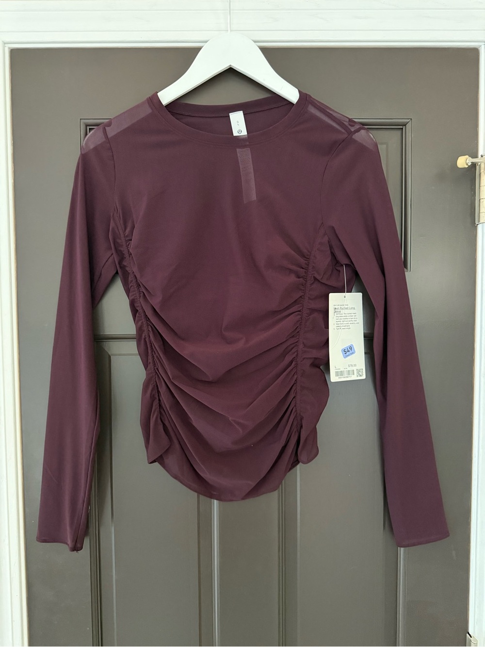Lululemon Mesh Ruched Long Sleeve Top Black Plum Sheer L Large NWT